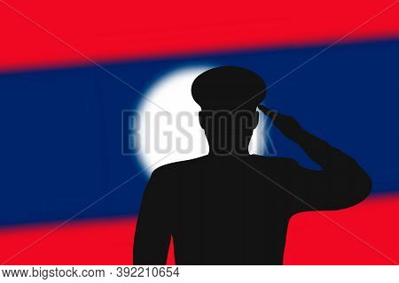 Solder Silhouette On Blur Background With Laos Flag.