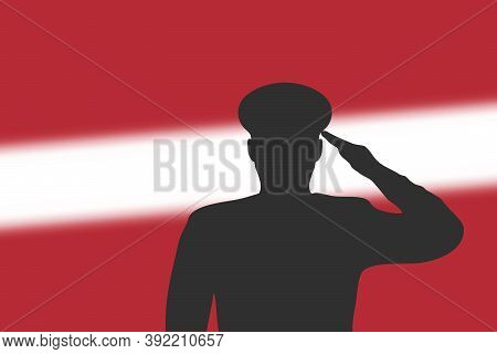 Solder Silhouette On Blur Background With Latvia Flag.