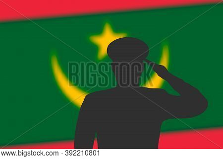 Solder Silhouette On Blur Background With Mauritania Flag.