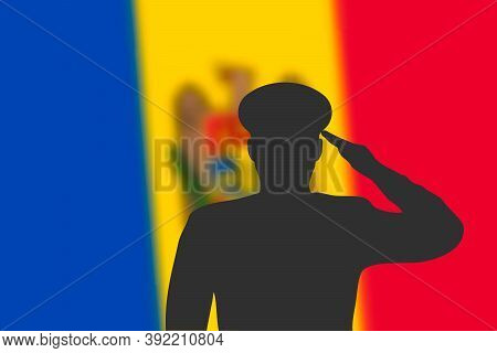 Solder Silhouette On Blur Background With Moldova Flag.