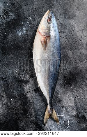 Raw Japanese Yellowtail. Fresh Fish Amberjack. Black Background. Top View