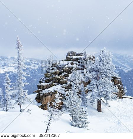 Sheregesh Ski Resort In Russia, Located In Mountain Shoriya, Siberia. Winter Landscape, Trees In Sno