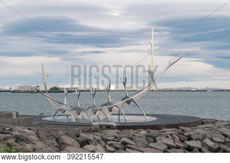 Reykjavik, Iceland - June 21, 2020: Sun Voyager Sculpture.