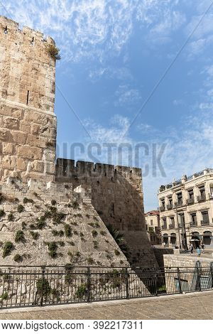 Jerusalem, Israel, October 24, 2020 : Outer Walls Of The City Of David Near The Jaffa Gate In The Ol