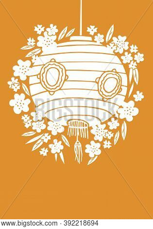 Chinese Paper Lantern Silhouette And Flowers. Hand Drawn Vector Sketch Illustration