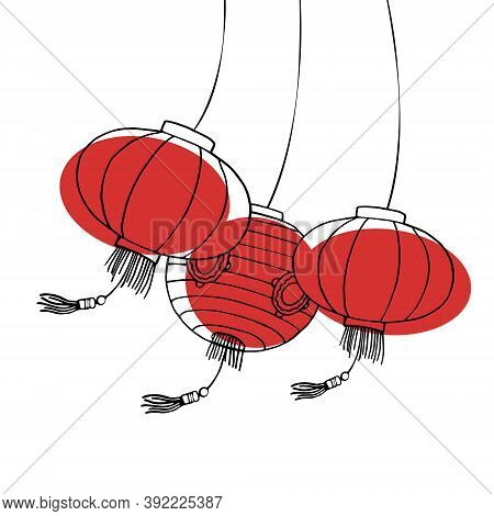 Chinese Paper Lanterns Swinging In The Wind. Hand Drawn Outline Vector Sketch Illustration On White 