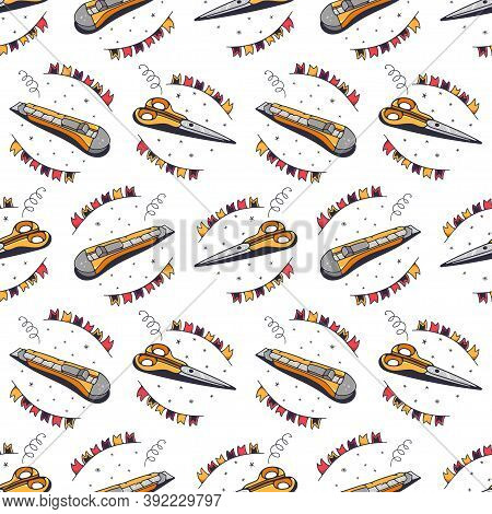 Clerical Knife And Scissors. Seamless Pattern On A White Background. Cute Vector Illustration.