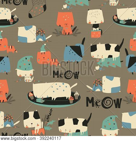 Seamless Pattern With Cute Crazy Cats And Christmas Elements
