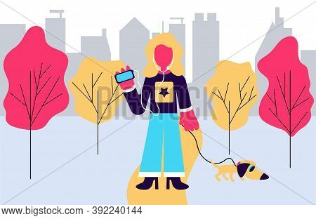 A Girl Walks In The Park With A Dog And Listens To Music On Headphones. Against The Background Of Th