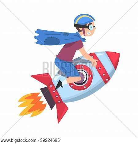 Cute Boy In Safety Helmet Nad Cape Flying On Space Rocket, Successful Achievements Of Child Cartoon 