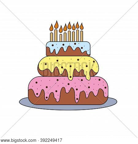 Linear Icon Of Multicolored Cream Cake With Birthday Candles. Icon For The Holiday. Trendy Flat Desi