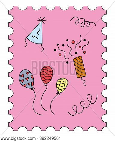 Linear Icon Festive Pink Greeting Card Invitation To The Holiday. Festive Badge With Confetti Clappe