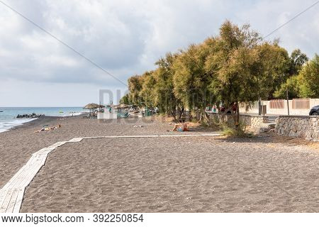 Perissa Beach, Santorini , Greece - 19 September 2020: Top View Of Perissa Beach On The Greek Island