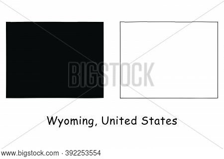 Wyoming Wy State Map Usa. Black Silhouette And Outline Isolated Maps On A White Background. Eps Vect