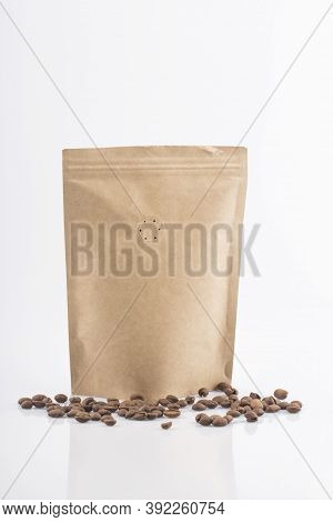 Coffee Craft Paper Bag Isolated On White Background.