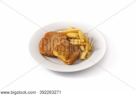 San Jacobo Steak Filled With Cheese And Ham Isolated On White Background
