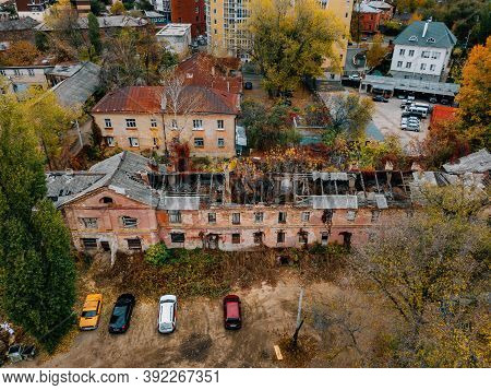 Old Abandoned Haunted Mansion, Aerial View. Former Mercant Gardenin House, Voronezh