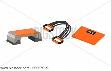 Sport Equipment With Weighing Machine And Resistance Band Vector Set