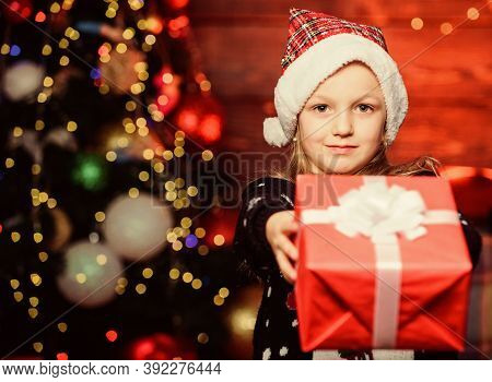This My New Year Present. Little Girl Giving New Year Gift. Small Child Holding Present Box On New Y