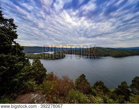 View Of Raystown Lake In Pennsylvania In The Fall From Hawn's Overlook.  The Water Is Smooth As Glas