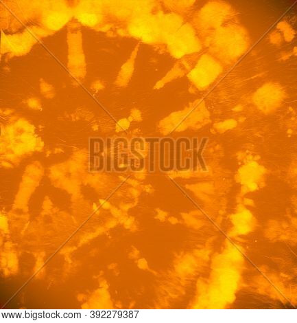 Abstract Dye. Hippie Spiral Texture. Yellow Color Print. Art Light Effect. Artistic Patterns. Batik 