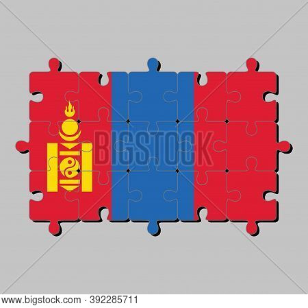 Jigsaw Puzzle Of Mongolia Flag In Red And Blue With The Soyombo Symbol Centred On The Hoist-side Of 
