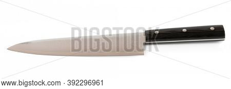 Chef knife made of damascus steel isolated on white background
