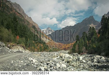 Autumn In Chalaadi Glacier, Mestia, Svaneti Region, Georgia, Caucasus. Hiking.