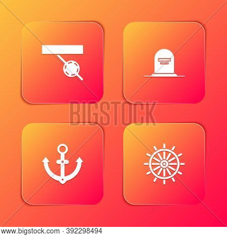 Set Pirate Eye Patch, Tombstone With Rip Written, Anchor And Ship Steering Wheel Icon. Vector