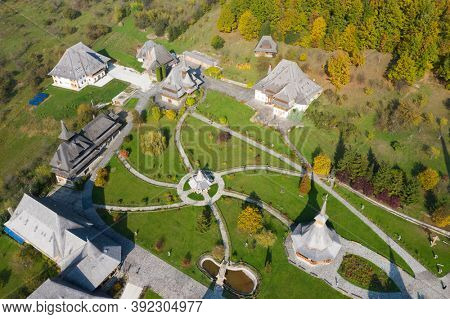 Barsana, Romania - October 28, 2020: View of Barsana Wooden Monastery site in Maramures County, Romania.