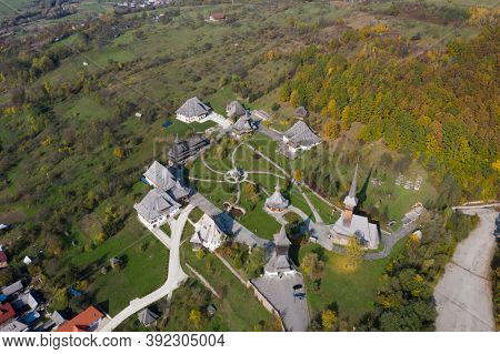 Barsana, Romania - October 28, 2020: View of Barsana Wooden Monastery site in Maramures County, Romania.