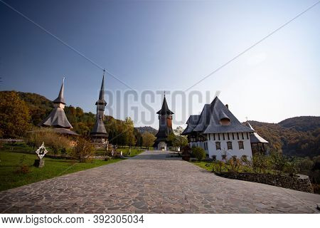 Barsana, Romania - October 28, 2020: View of Barsana Wooden Monastery site in Maramures County, Romania.