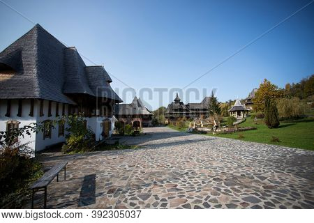 Barsana, Romania - October 28, 2020: View of Barsana Wooden Monastery site in Maramures County, Romania.