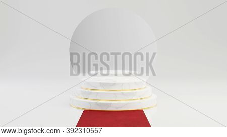 Round Marble Pedestal Steps With Gold Frame With Mirror And Red Carpet Isolated On White Background.