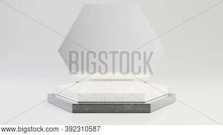 Hexagon Black And White Marble Pedestal Steps With Silver Frame Isolated On White Background. 3d Ren
