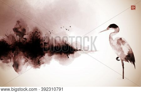 Ink Wash Painting With Heron And Misty Island With Forest Trees In Vintage Style. Translation Of Hie