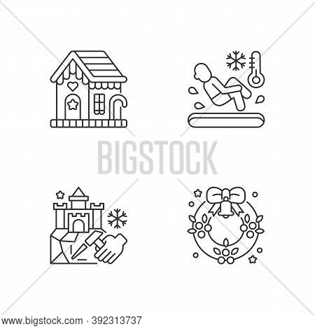 Winter Season Traditions Linear Icons Set. Gingerbread House. Polar Bear Plunge. Christmas Wreath. C