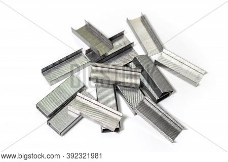 Metal Staples Isolate On White Background. Close Up