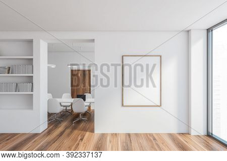 Mock Up White Blank Poster In The White Office Room. White Chairs In The Stylish Business Meeting Ro