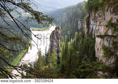 Beautiful Panoramic View Of Rock Devils Finger Of Usvinsky Pillars, Ural Mountains And River Usva, P