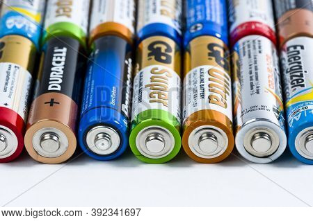 Moscow, Russia - January 05, 2016: Used Alkaline Batteries Aa Size Format Of Different Brands Ready 