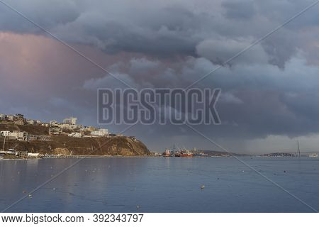 Seascape With A View Of Cape Egersheld. Vladivostok, Russia