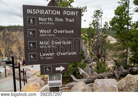 Wyoming, Usa - June 28, 2020: Trailhead Sign At Inspiration Point At The Grand Canyon Of The Yellows