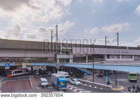 Tokyo, Japan - October 09 2018: Aerial View Of The Crossing Intersection In Front Of The Jr Oji Rail