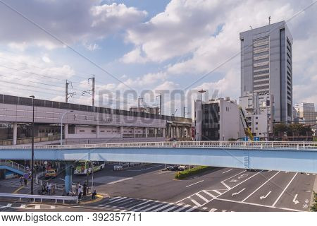 Tokyo, Japan - October 09 2018: Aerial View Of The Crossing Intersection In Front Of The Jr Oji Rail