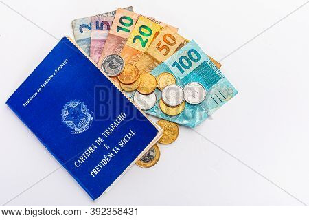 Brazil Work And Money Portfolio On White Background. Translation, Federative Republic Of Brazil, Min
