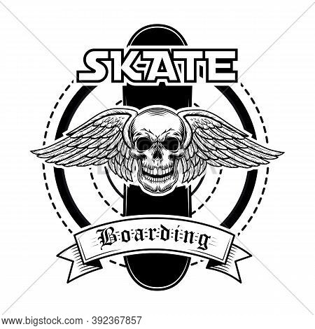 Skateboarding Club Label Vector Illustration. Skull With Angel Wings, Board And Text. Extreme Sport 