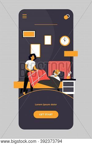 Daughter Taking Care About Sick Elderly Father. Woman Giving Blanket To Man Lying In Bed With Thermo