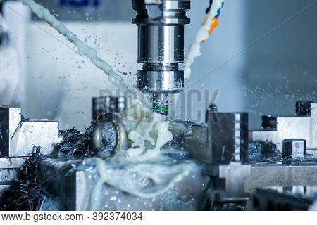 Vertical Cnc Steel Milling Process With External Water Coolant Streams, Splashes And A Lot Of Metal 