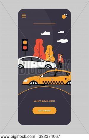 Heavy Rain And Water Flood Damaging Cars, Road And City Traffic. Tow Truck Carrying Broken Vehicle. 